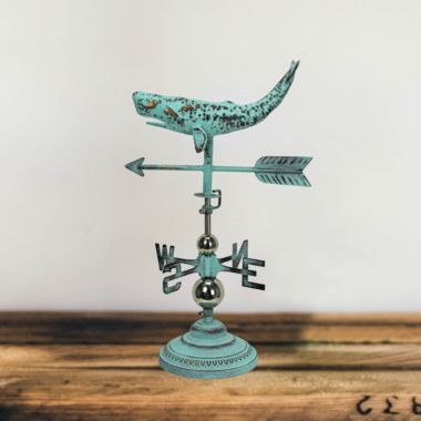 Contrast Verdigris Copper Whale Tabletop Weathervane Home Garden Decor w/ Optional Fence Mount. View a larger version of this product image.