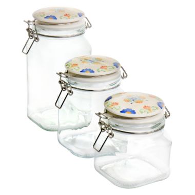 Laurie Gates California Designs Tierra 3 Piece Glass Canister Kitchen Set with Decorated Lids. View a larger version of this product image.