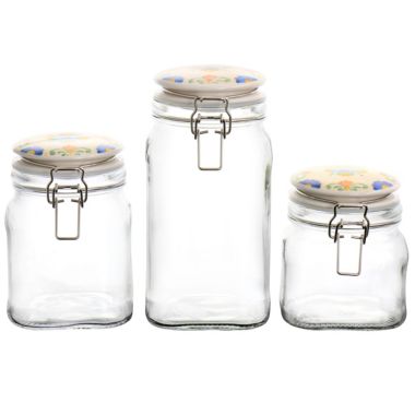 Laurie Gates California Designs Tierra 3 Piece Glass Canister Kitchen Set with Decorated Lids. View a larger version of this product image.