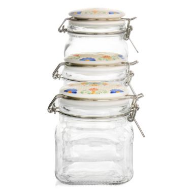 Laurie Gates California Designs Tierra 3 Piece Glass Canister Kitchen Set with Decorated Lids. View a larger version of this product image.