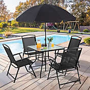 Infinity Merch 6 Piece Folding Outdoor Dining Set for 4, Metal furniture Table and Chair Set with Umbrella, Black