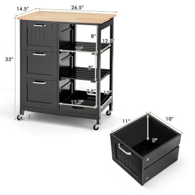 Slickblue Rolling Kitchen Island Utility Storage Cart with 3 Large Drawers-Black. View a larger version of this product image.