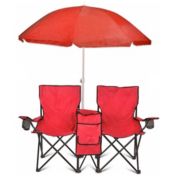 GoTeam Portable Double Folding Chair w/Removable Umbrella, Cooler Bag and Carry Case - Red