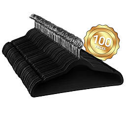 Elama 100 Piece Set of Velvet Slim Profile Heavy Duty Felt Hangers with Stainless Steel Swivel Hooks in Black
