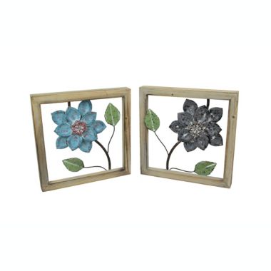 Things2Die4 2 Piece Sculpted Metal Flowers Wall Hanging Set With Wooden Frames. View a larger version of this product image.