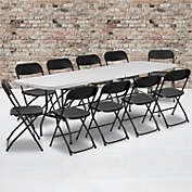 Emma + Oliver 8&#39; Bi-Fold White Plastic Event/Training Folding Table Set w/ 10 Folding Chairs