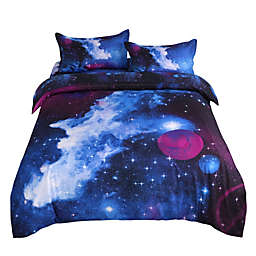 PiccoCasa 4-Piece Galaxies Luxury Duvet Cover Sets, 3D Printed Space Themed - 100% Polyester- All-Season Reversible Design - Includes 1 Duvet Cover, 1 Flat Sheet, 2 Pillow Shams Blue Sky Twin