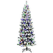 Slickblue 7.5 Feet Pre-Lit Hinged Christmas Tree Snow Flocked with 9 Modes Remote Control Lights