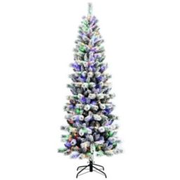 Slickblue 7.5 Feet Pre-Lit Hinged Christmas Tree Snow Flocked with 9 Modes Remote Control Lights