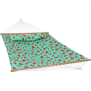 Sunnydaze Heavy-Duty 2-Person Quilted Printed Fabric Spreader Bar Hammock and Pillow - 450 lb Weight Capacity - Watermelon and Chevron. View a larger version of this product image.