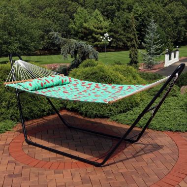 Sunnydaze Heavy-Duty 2-Person Quilted Printed Fabric Spreader Bar Hammock and Pillow - 450 lb Weight Capacity - Watermelon and Chevron. View a larger version of this product image.