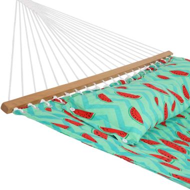 Sunnydaze Heavy-Duty 2-Person Quilted Printed Fabric Spreader Bar Hammock and Pillow - 450 lb Weight Capacity - Watermelon and Chevron. View a larger version of this product image.