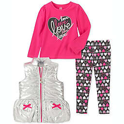 Kids Headquarters Little Girl's 3 Pc Metallic Vest Love Top & Printed Leggings Set Pink Size 6X