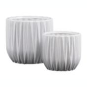 Urban Trends Collection Ceramic Cylindrical Pot with Embossed Diamond Design Body, Patterned Lips and Matte Finish, White - Set of 2