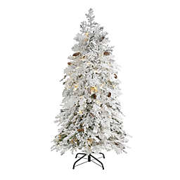 HomPlanti 5' Flocked Montana Down Swept Spruce Artificial Christmas Tree with 100 Clear LED Lights