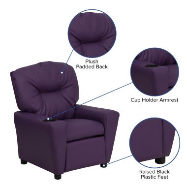 Flash Furniture Chandler Contemporary Purple Vinyl Kids Recliner with Cup Holder. View a larger version of this product image.