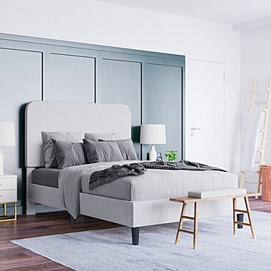 Emma + Oliver Pasithea Queen Sized Fabric Upholstered Platform Bed in Light Grey with Curved, Slim Panel Headboard and Wooden Support Slats. View a larger version of this product image.