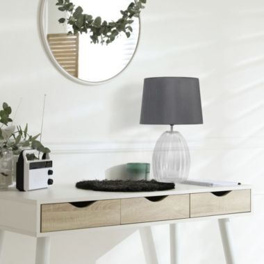 Lalia Home 17.63" Contemporary Fluted Glass Bedside Table Lamp With Gray Fabric Shade, Clear. View a larger version of this product image.