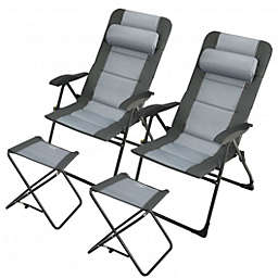 Costway Set of 2 Patiojoy Patio Folding Dining Chair with Ottoman Set Recliner Adjustable-Gray