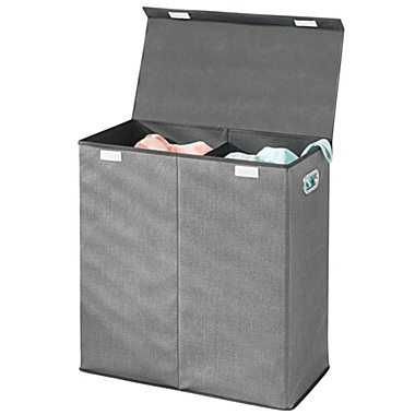 mDesign Divided Laundry Hamper Basket with Lid, Chrome Handles. View a larger version of this product image.