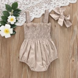 Laurenza's Baby Girls Tan Smocked Romper with Headband