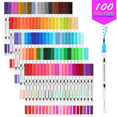 AGPtEK 100 Colors Dual Tip Brush Marker Pens with 0.4 Fine Tip. View a larger version of this product image.