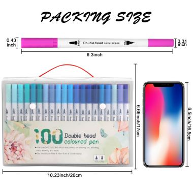 AGPtEK 100 Colors Dual Tip Brush Marker Pens with 0.4 Fine Tip. View a larger version of this product image.