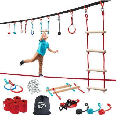 Sunny & Fun 50ft Kids Ninja Warrior obstacle course, Double Ninja Slackline, Monkey Bar & Ladder. View a larger version of this product image.