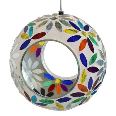 Sunnydaze Outdoor Garden Patio Round Glass with Mosaic Daisy Design Hanging Fly-Through Bird Feeder - 6" - Blue, Red, Green, Yellow, and White. View a larger version of this product image.