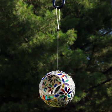 Sunnydaze Outdoor Garden Patio Round Glass with Mosaic Daisy Design Hanging Fly-Through Bird Feeder - 6" - Blue, Red, Green, Yellow, and White. View a larger version of this product image.