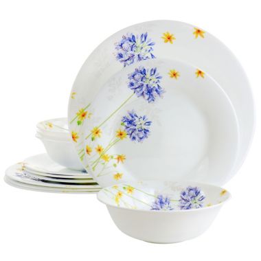 Gibson Ultra Violet Floral 12 Piece Tempered Opal Glass Dinnerware Set. View a larger version of this product image.