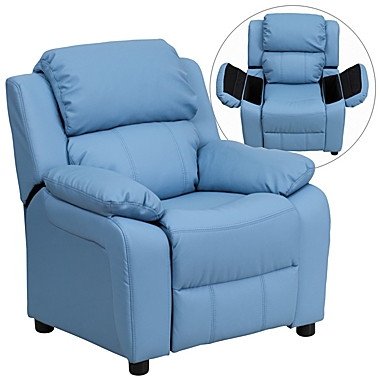 Flash Furniture Deluxe Padded Contemporary Light Blue Vinyl Kids Recliner With Storage Arms - Light Blue Vinyl. View a larger version of this product image.