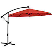 Sunnydaze Outdoor Steel Cantilever Offset Patio Umbrella with Solar LED Lights, Air Vent, Crank, and Base - 9&#39; - Cherry