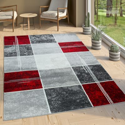 Paco Home Grey Red White Area Rug Checked with Marble Effect Mottled Colors