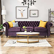 Contemporary Home Living 84.5" Purple and Brown Tufted Sofa with Scroll Arms