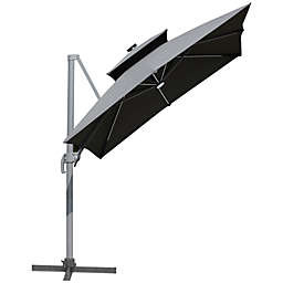 Outsunny 10ft Solar LED Cantilever Umbrella, Offset Hanging Umbrella with 360°Rotation, Cross Base, 8 Ribs, Tilt and Crank for Yard, Garden and Poolside, Grey