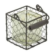Cheungs Decorative Square Glass Jar in Brown Wire Basket - Small
