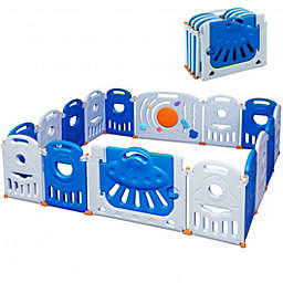 Costway 16-Panel Baby Playpen Safety Play Center with Lockable Gate-Blue