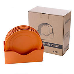 Lightweight Wheat Straw Plate Set With Easy Storage Stacker- Round - Orange