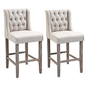 HOMCOM 26.25" Counter Height Bar Stools Set of 2, Tufted Wingback Armless Upholstered Dining Chair with Rubber Wood Legs, Ivory