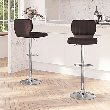 Merrick Lane Set of Two Swivel Bar Stools in Brown Vinyl with Vertical Stitched Back and Adjustable Chrome Base with Footrest. View a larger version of this product image.
