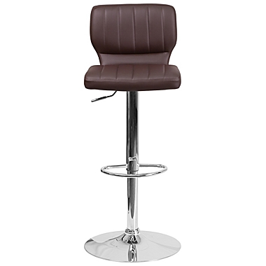 Merrick Lane Set of Two Swivel Bar Stools in Brown Vinyl with Vertical Stitched Back and Adjustable Chrome Base with Footrest. View a larger version of this product image.