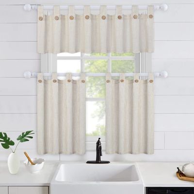 Stock Preferred Linen Striped Tier Curtains with Solid Button Kitchen Sheer Curtain 27"x24"x2 Grey