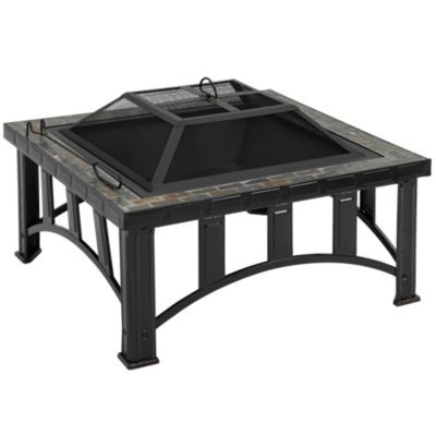 Outsunny 30 Inch Outdoor Fire Pit, Square Steel Firepit Stove with Screen and Log Poker for Backyard, Patio, Camping, BBQ, Black
