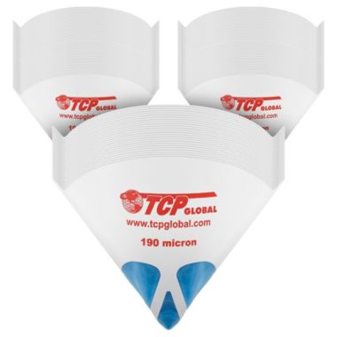 TCP Global 250 Pack of Paint Strainers with Fine 190 Micron Filter Tips - Premium "PURE BLUE" Ultra-Flow Blue Nylon Mesh. View a larger version of this product image.