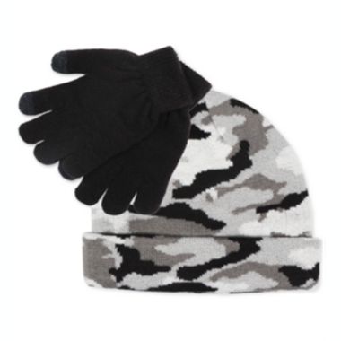 Fab Big Boy's 2 Pc Camo Hat & Gloves Set Black Camo One Size. View a larger version of this product image.