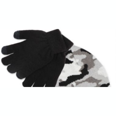 Fab Big Boy's 2 Pc Camo Hat & Gloves Set Black Camo One Size. View a larger version of this product image.