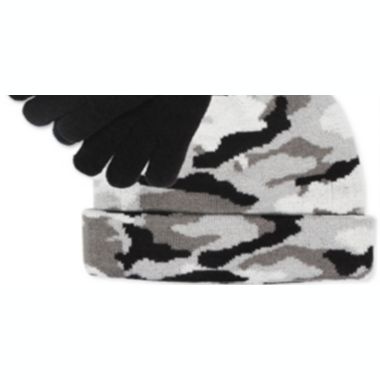 Fab Big Boy's 2 Pc Camo Hat & Gloves Set Black Camo One Size. View a larger version of this product image.