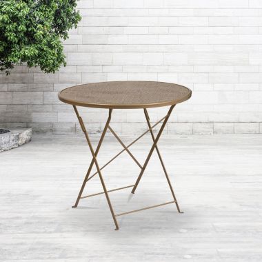 Flash Furniture Oia Commercial Grade 30" Round Gold Indoor-Outdoor Steel Folding Patio Table. View a larger version of this product image.
