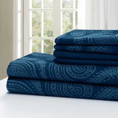 Lux Decor Collection 6-Pieces Deep Pocket Microfiber Printed Bed Sheet Set in Full Size Navy Blue. View a larger version of this product image.